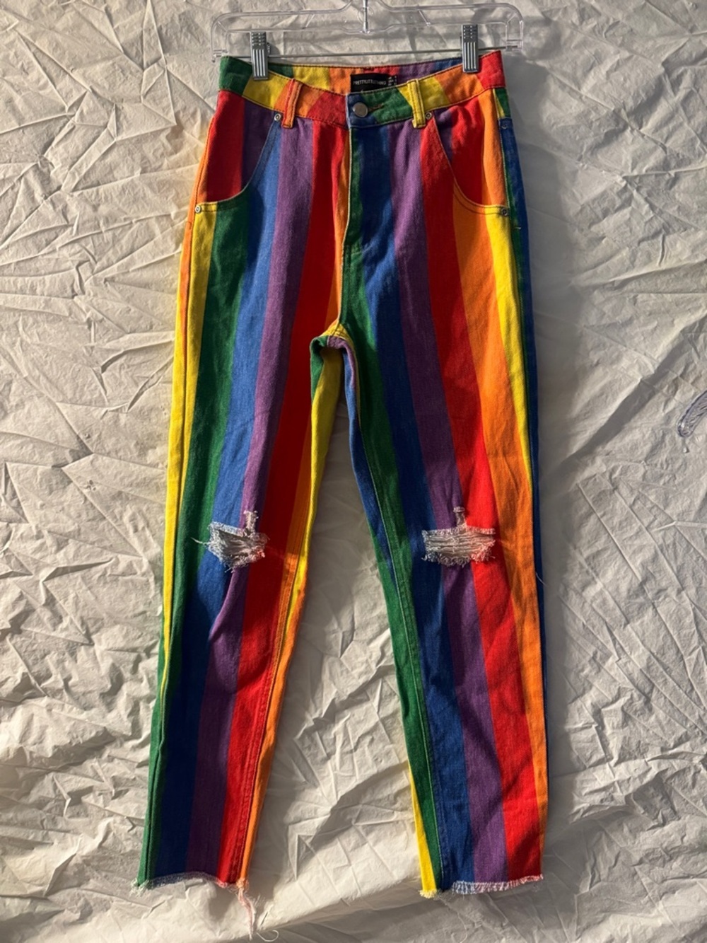 PrettyLittleThing Festival Rainbow Stripe Denim High Rise Skinny Jeans w/Raw Hem